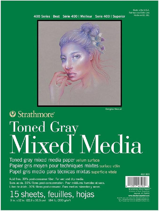 Strathmore 400 Series Toned Mixed Media Pad, 184 lb. Paper, 9 X 12 inches, Gray, 15 Sheets (462-309)