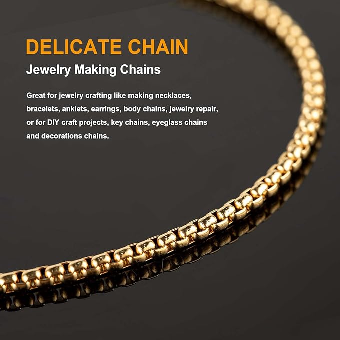 KYUNHOO 16.4 Feet Gold Plated Rolo Chain Spool 304 Stainless Steel Chain for Jewelry Making Beaded Box Link Chain Bulk for Necklace Bracelet DIY with Jump Rings and Lobster Clasps