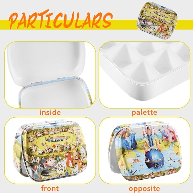 Portable Mini Tin Box 12-Well Empty Watercolor Palette Paint Mixing Tray is a Small Storage Travel Kit with Magnetic Clip and Oil Pot,Making it Outdoor Sketching and DIY Painting.Earthly Paradise