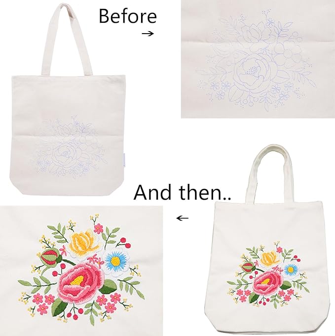 CREAWONDER Canvas Tote Bag Embroidery Kit with Pattern for Beginners, Arts and DIY Embroidery Crafts Kits for Adults, Include Instructions, Thimble, Embroidery Hoops, Color Threads and Tool