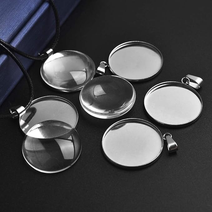 DROLE 60Pcs 25mm Stainless Steel Cabochon Tray Kit-30Pcs Bezel Pendant Blanks with Pinch Clip Clasp and 30Pcs 25mm Round Glass Cabochons for Jewelry Making DIY Crafts