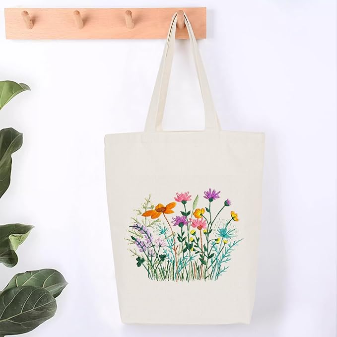 Embroidery Kit Canvas Tote Bag, Hand Embroidery Kit with Floral Pattern for Beginners, Cross Stitch Kits for Adults, Arts and DIY Crafts Kits, Embroidery Starter kit with Embroidery Bag and Tools