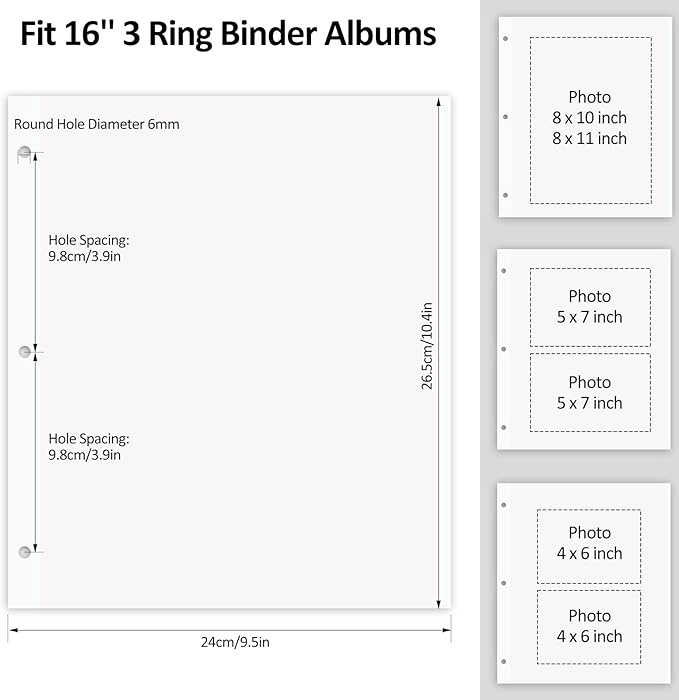 Zesthouse Photo Album Refill Pages for 3 Ring (10 Pack), 16 in Photo Albums Self Adhesive Pages Holds 8x10 5x7 4x6 2x3 Photos or Recipe Cards