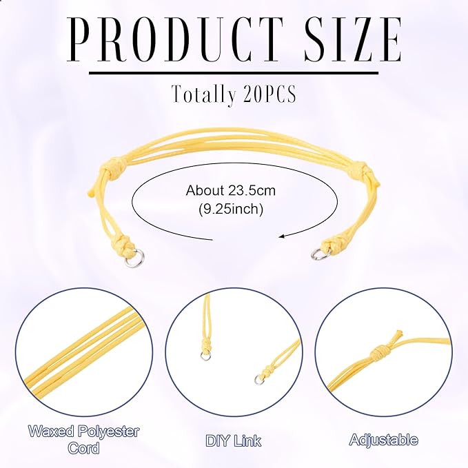KISSITTY 20pcs Adjustable Bracelet Cords for Connector Charms Waxed Polyester Thread Cord Yellow Color Half Finished Bracelet for Friendship Bracelets Jewelry Making