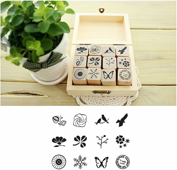 Diary Stamp Set,Wooden Rubber Signet for Children DIY Scrapbooking Planner Album Card Making(12pcs,Natural Elements)