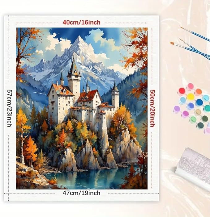 Fantasy Architecture Paint by Numbers Kit for Adults - DIY Castle in Autumn Mountains Painting on Rolled Canvas 16x20 Inches, Acrylic Paint Set for Beginners, Art for Home Decoration or Gifts
