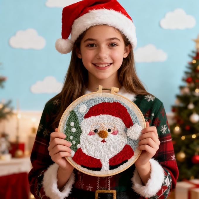 DIY Punch Needle Kits for Beginners Santa Claus with Hoop Punch Needle Starter Craft Embroidery Set Easy for Adults and Children Festival Gift and Decoration 20x20cm-9