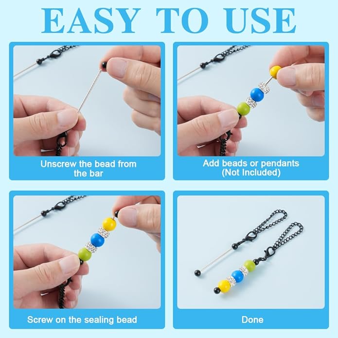 16PCS Beadable Keychain Bar Bulk, Metal Blank Beaded Keychain Bar for Beads DIY Crafts Charms Jewelry Making Supplies