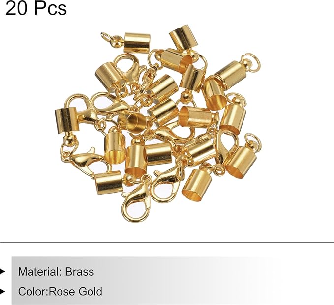 MECCANIXITY Fold Over Cord End Caps Rose Gold 5mm OD with Crimp Covers Lobster Claw Clasps DIY Jewelry Making for Bracelets and Necklaces Crafting 20 Pcs