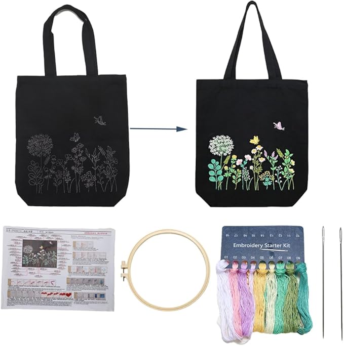 VWV-Whizzing Embroidery Canvas Tote Bag DIY Kit for Beginners, Complete with Pattern, Hoops, Color Threads, Tools & Detailed Instructions for Adults (13X15(in) Black-Bu)