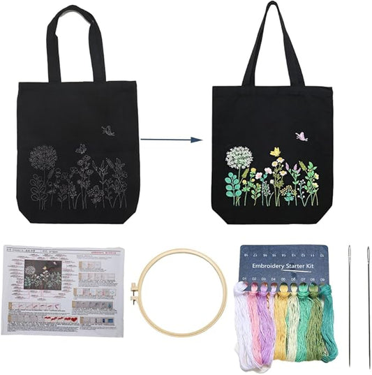 VWV-Whizzing Embroidery Canvas Tote Bag DIY Kit for Beginners, Complete with Pattern, Hoops, Color Threads, Tools & Detailed Instructions for Adults (13X15(in) Black-Bu)
