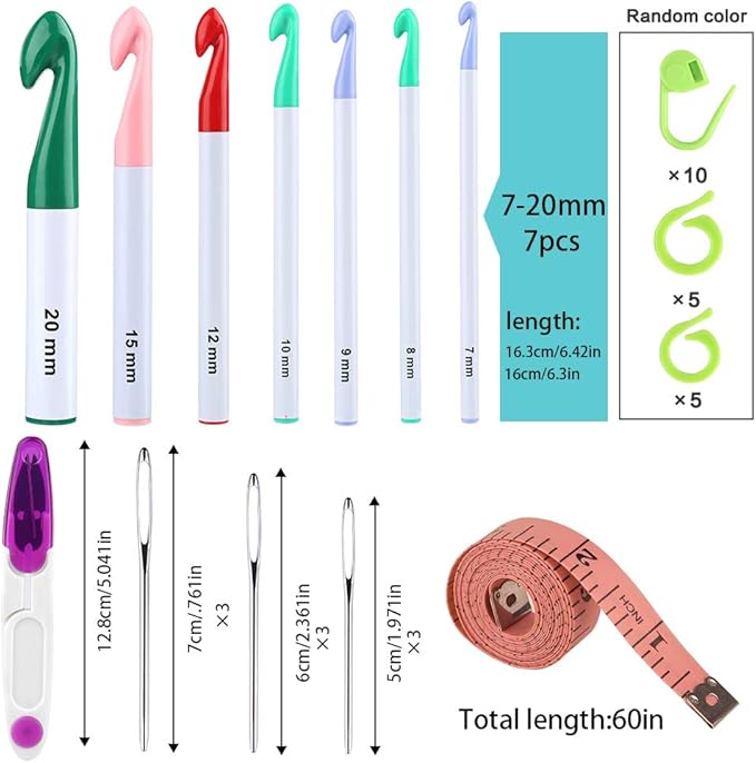 7 Sizes Crochet Hooks Set (7mm-20mm) with 9 Pcs Large-Eye Blunt Needles, Huge Plastic Crochet Hook Crochet, Adjustable Knitting Loop, Extra Large Crochet Hook for Yarn Weaving Craft Tools