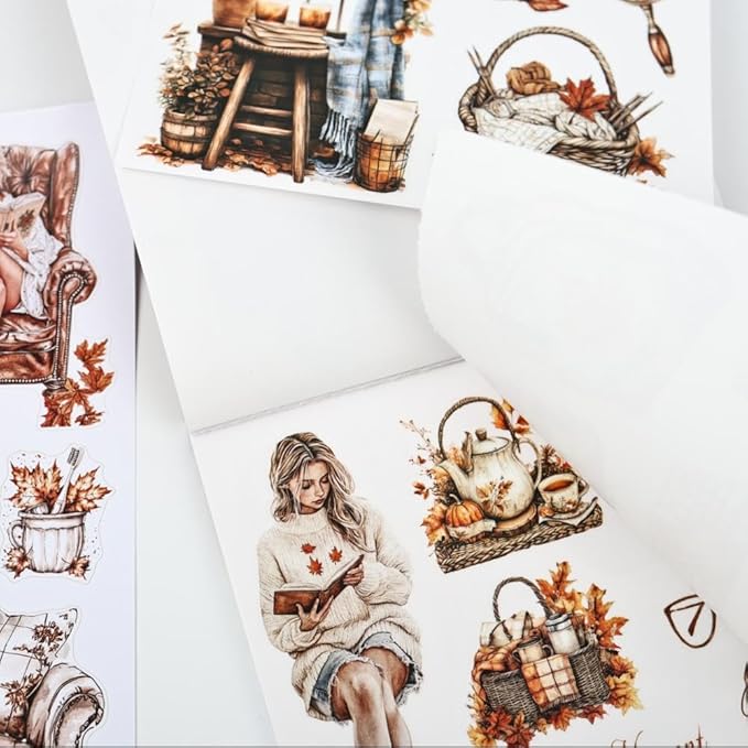 Afternoon Reading Sticker Book for Adults Journaling, 20 Diecut PET Washi Paper Scrapbook Stickers Sheets, Ephemera for Junk Journals Supplies, Scrapbooking, Collage, Bujo, A5