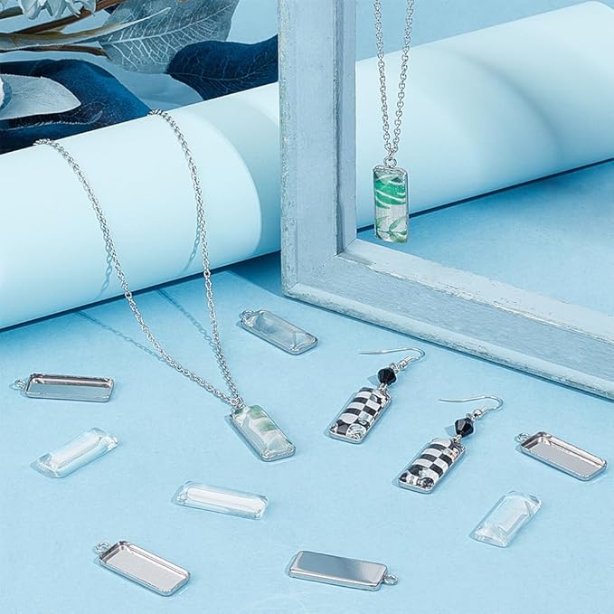 SUNNYCLUE 1 Box 80Pcs Pendant Trays Set Small Rectangle Stainless Steel Bezel Tray Pendant Cabochon Settings Cabochon Blanks Bezels for Jewelry Making Charms DIY Earrings Bracelets