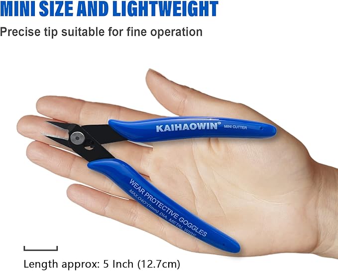 kaihaowin micro wire cutters with spring, 2 pack, 5 inch precision mini flush cutters bulk, nippers, flush cutting pliers, wire snips, small side cutters for electronics crafts jewelry-blue