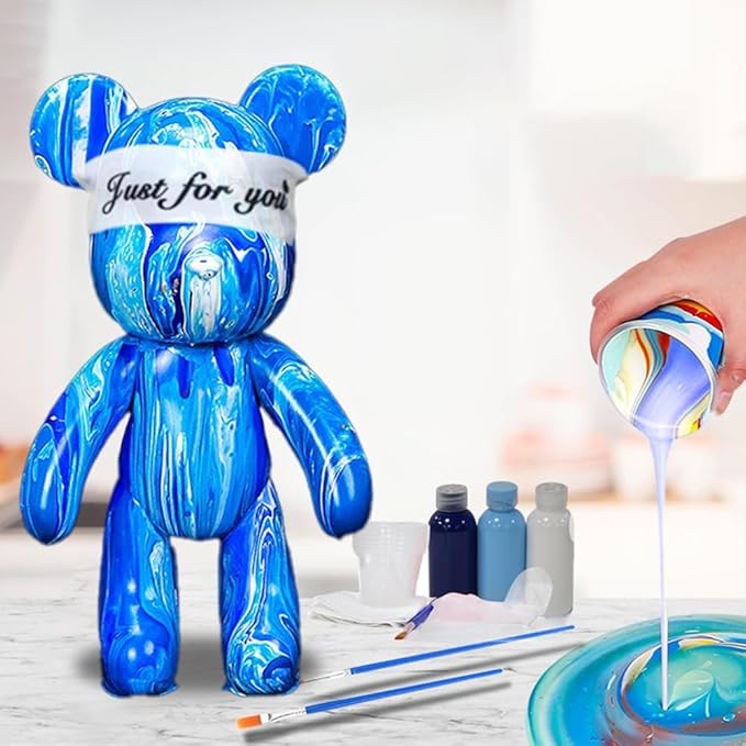 HANDA DIY Painting Fluid Bear Teddy Bear Violent Bear Gloomy Bear Painting Kit Set Creative Home Decorations Handmade Doll Figurine Toys Gift for Birthday Valentines (13.4 inch, Yellow+White+Blue)