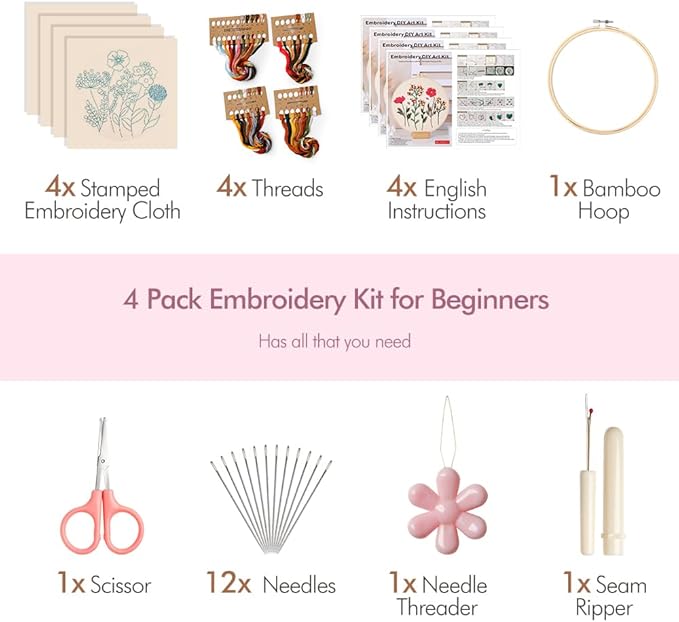 wtisan embroidery kit, 4 sets embroidery kit for beginners with stamped flower pattern, cross stitch starter kits for adults hand craft lover with embroidery hoop, instructions and threads