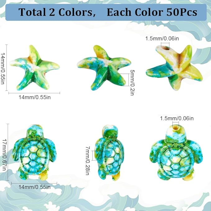 SUNNYCLUE 100PCS 2 Styles Green Turquoise Turtle Beads Starfish Beads Summer Hawaii Ocean Animal Sea Life Lucky Gemstone Loose Spacer Beads Bulk for Jewelry Making Beading Kit Bracelets Craft Supply