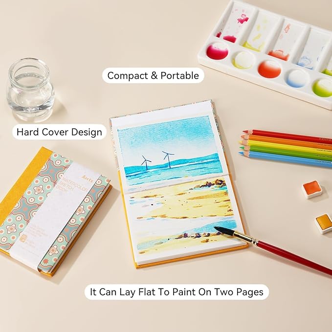 2 Pack Arrtx Watercolor Sketchbook, 5.35x3.86, 140 LB, 300 GSM, 100% Cotton Paper, Hot Press, 40 Sheets, Hardcover Watercolor Journal for Use As Travel Notebook for Artists Adults Students