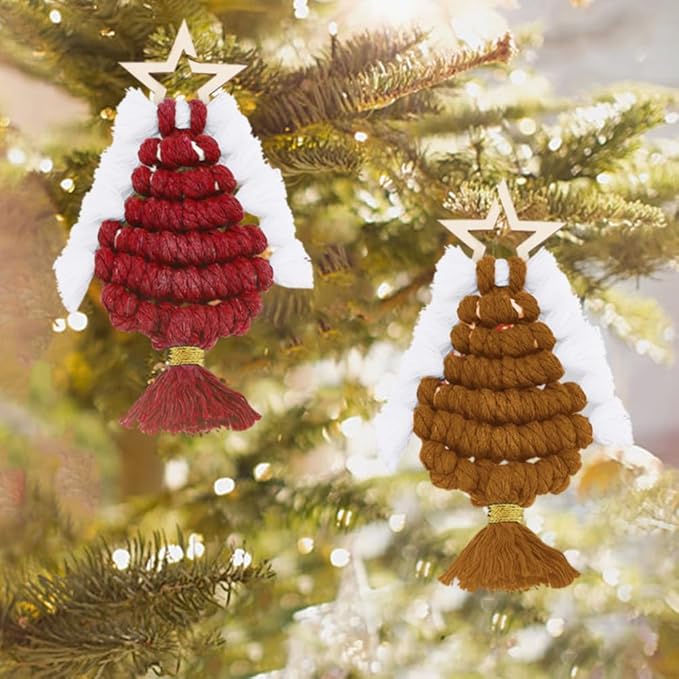 FREEBLOSS 6 Set Macrame Christmas Tree with Pentagram Chips Boho Decor Christmas Macrame Hanging Ornament Christmas Tree Ornaments Macrame Kit for Beginners