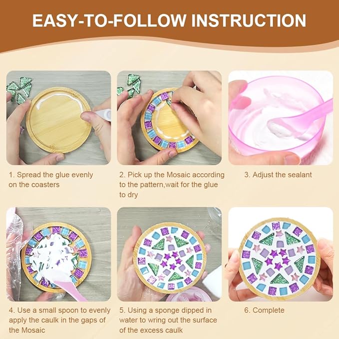 Adboros 8 Sets DIY Glass Mosaic Tiles for Crafts Mixed Color Mosaic Kits with Wooden Coaster for Adults Bamboo Coaster for Drinks Tray Handmade Home Decoration