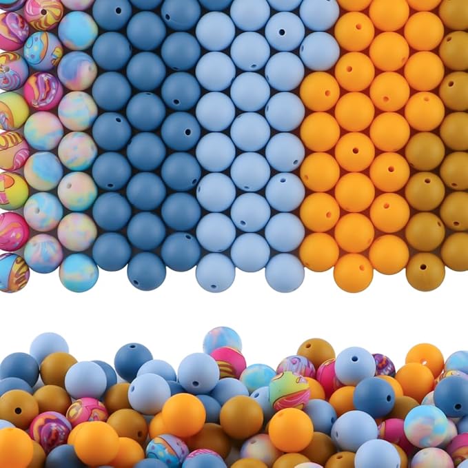 150Pcs Mixed Color 15mm Silicone Beads for Keychain Making, Blue Mustard Yellow Print Silicone Beads for Pens and Bracelet Jewelry Making