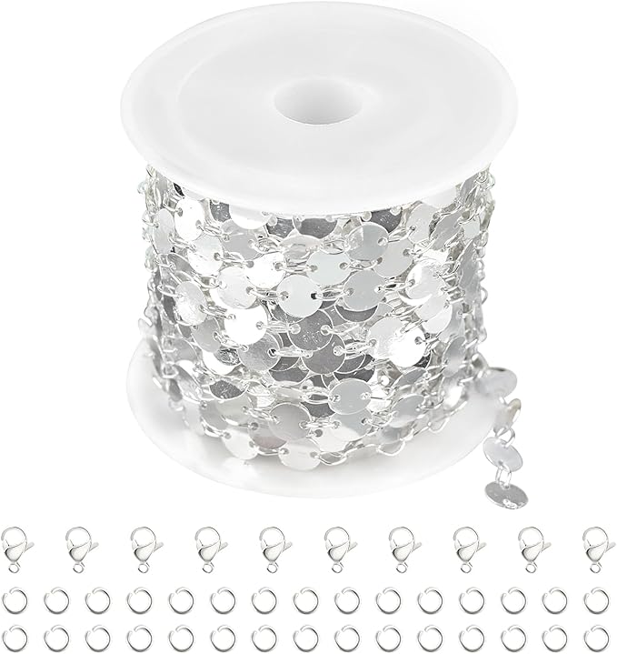 Jabogrii 5 Meters Silver Circle Sequin Jewelry Making Chains DIY Necklace Bracelet Copper Chain for Jewelry Making Round Chain Link Roll