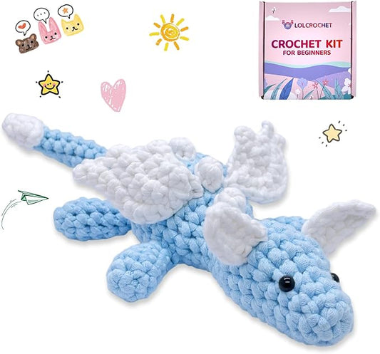 Cute Dragon Crochet Kit for Beginners, Learn to Crochet Starter Set with Step-by-Step Video Tutorial & Crocheting Manual, Easy Yarn Knitting Kit for Adult, Stuffed Animal Doll for Xmas Gift