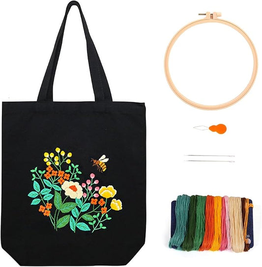 Canvas Tote Bag Embroidery Kit, Beginner Embroidery Kit for Adults, Hand Embroidery Starter kit with Floral Pattern, Arts and DIY Crafts Embroidery Kits , Cross Stitch Kit with Embroidery Bag and Tool