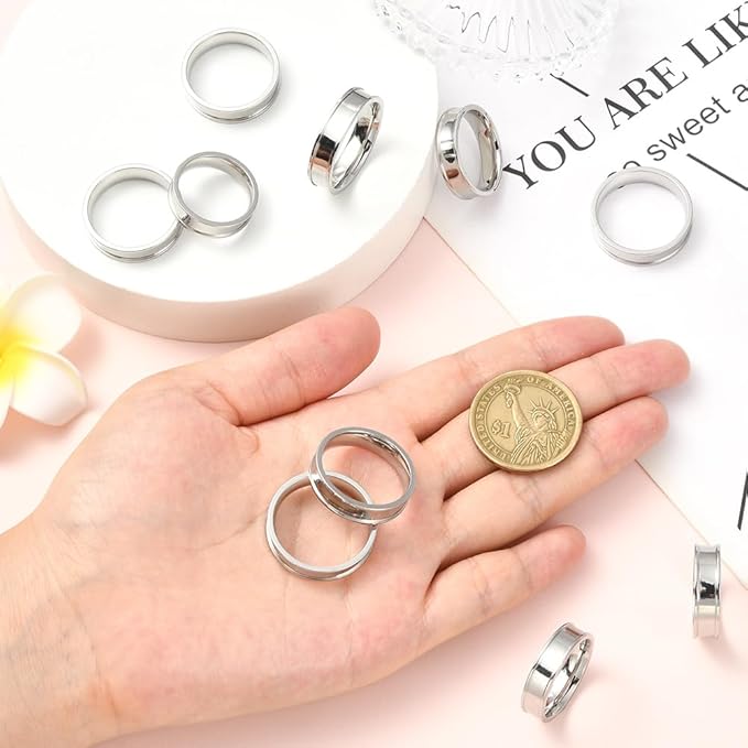 SUNNYCLUE 1 Box 6 Sizes 18Pcs Silver Inlay Rings Stainless Steel Rings Blank Kits Metal Round Empty Grooved Size 7-12 Finger Findings for Jewelry Making Crafts Necklace DIY Supplies Women Men Adults