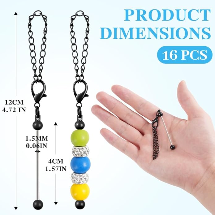 16PCS Beadable Keychain Bar Bulk, Metal Blank Beaded Keychain Bar for Beads DIY Crafts Charms Jewelry Making Supplies