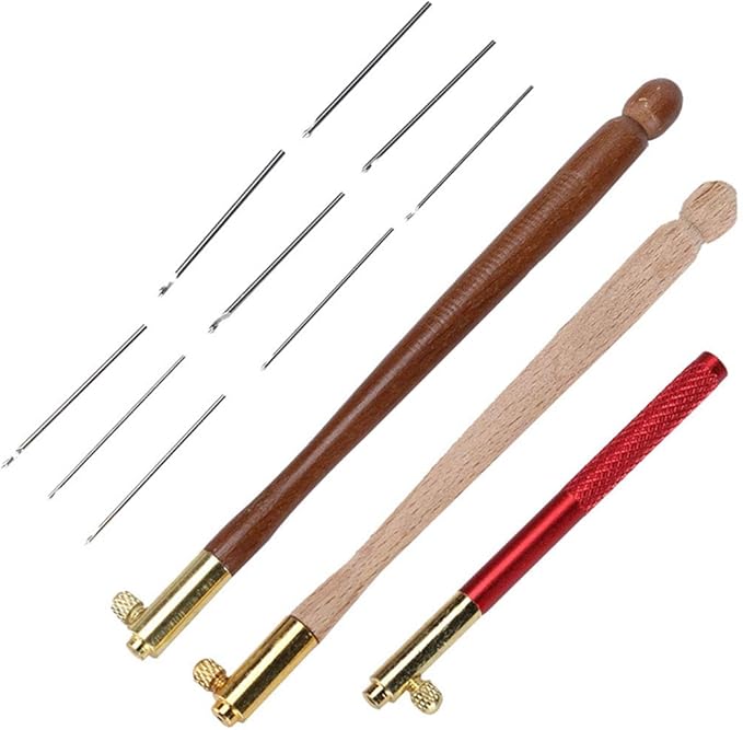 Tambour Embroidery Kit Tambour Hook 3Pcs Stainless Steel Wood Handle Embroidery Crochet Hooks Punch Needle with 9 Needles French Tambour Beading Sequins Sewing Craft Tool