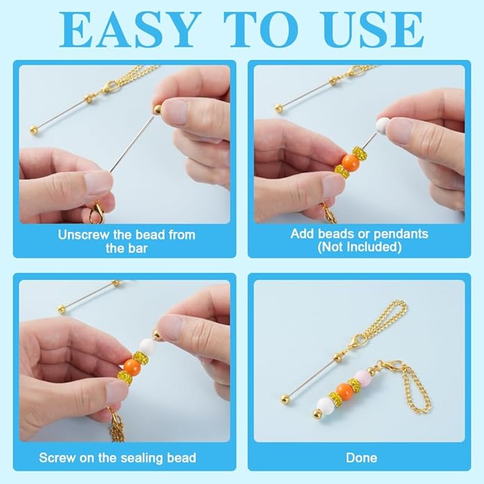 16PCS Beadable Keychain Bar Bulk, Metal Blank Beaded Keychain Bar for Beads DIY Crafts Charms Jewelry Making Supplies