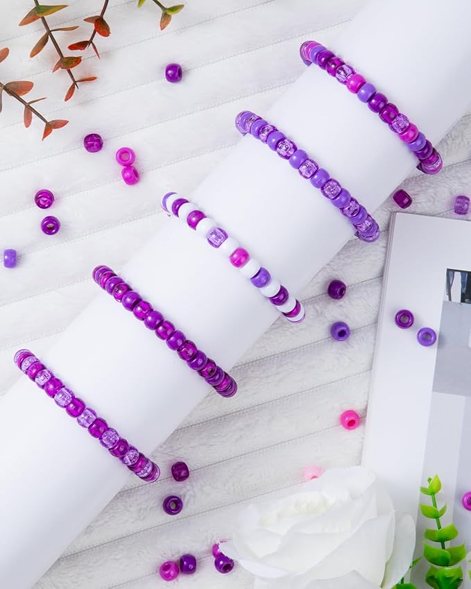 1000+ Pcs Pony Beads – Assorted Matte Purple & Rainbow Barrel Beads for Adult Jewelry Making, Bracelets, Necklaces, Keychains, Decorative Crafts