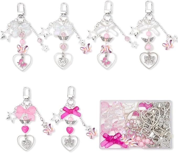 SUNNYCLUE 1 Box 171Pcs Small Bow Bag Charms Keychains Making Kit Love Romantic Bowknot Beads Pink Bow Beads Acrylic Glass Spacers Charm for Handbag Purse Bag Craft DIY Accessories Decorations Women