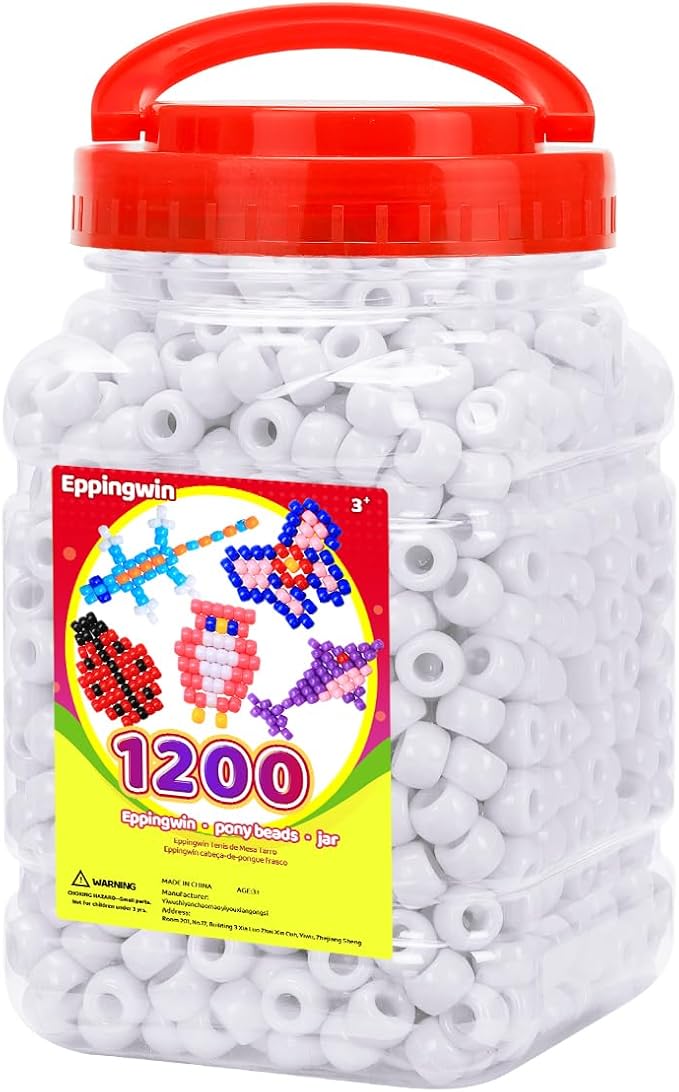 eppingwin 1200pcs pony beads for bracelets,6x9mm kandi beads for hair braids, easy storage pony bead for jewelry making (white)