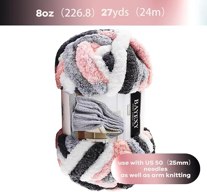 Chunky Chenille Yarn for Hand Knitting 8 Jumbo Pack Jumbo Chunky Yarn for Hand Soft Blanket Knitting, Bulky Thick Fluffy Yarn for Crocheting (Kitten Color)