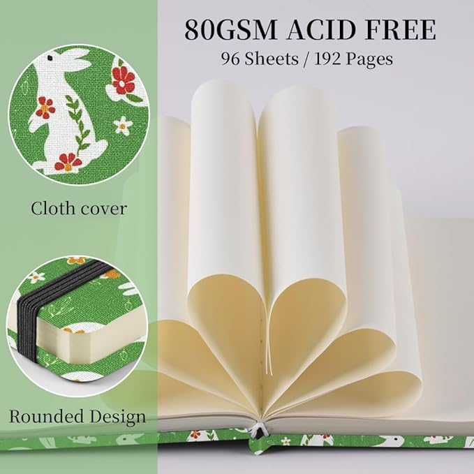 Square 4.8x4.8 inches 80gsm 96sheets/192 Pages Notebooks Blank Sketchbooks Travel Journal Pocket Hardcover Paint Writing Diary Memo Planner Cloth Cover. Green Rabbit