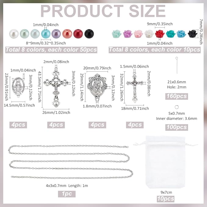 PH PandaHall 767pcs Rosary Jewelry Making Kit Prayer Necklace Supplies 8mm Round Pearl Beads Cross Charms Pendants Flower Rose Beads for Rosary Bracelet Necklace Earring Easter Ramadan Jewelry Making
