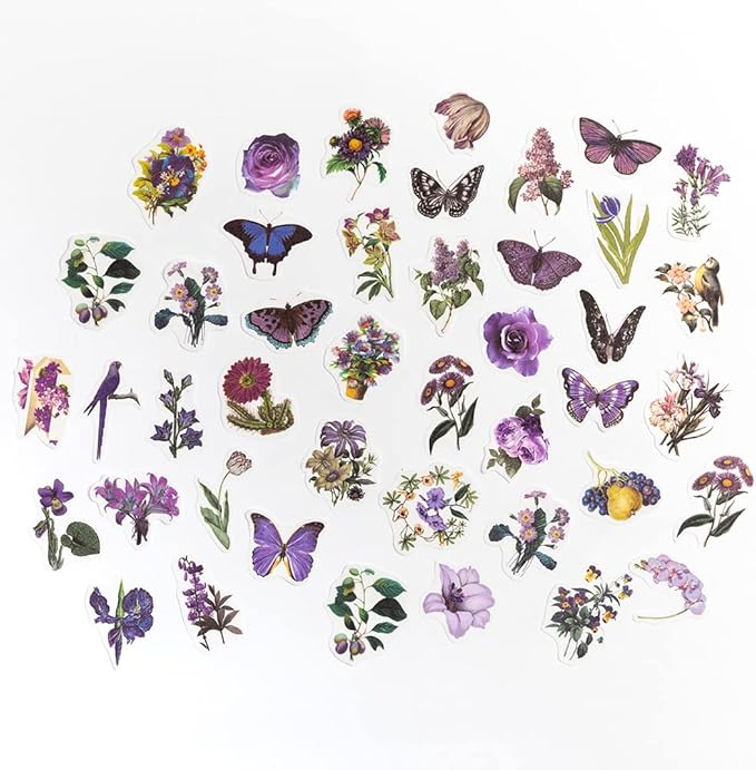 Alideco 200pcs Vintage Scrapbook Stickers Kawaii Purple Floral Scrapbooking Paper Washi Junk Journaling Supplies Collage Album Aesthetic Cottagecore Picture Frames(Butterfly)