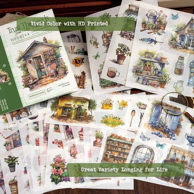 Garden Journal Stickers for Junk Journal Supplies, 50 Sheets Precut Watercolor Washi Sticker Book for Journaling, Scrapbooking, Bujo, Card Making, Art Crafts, Adults