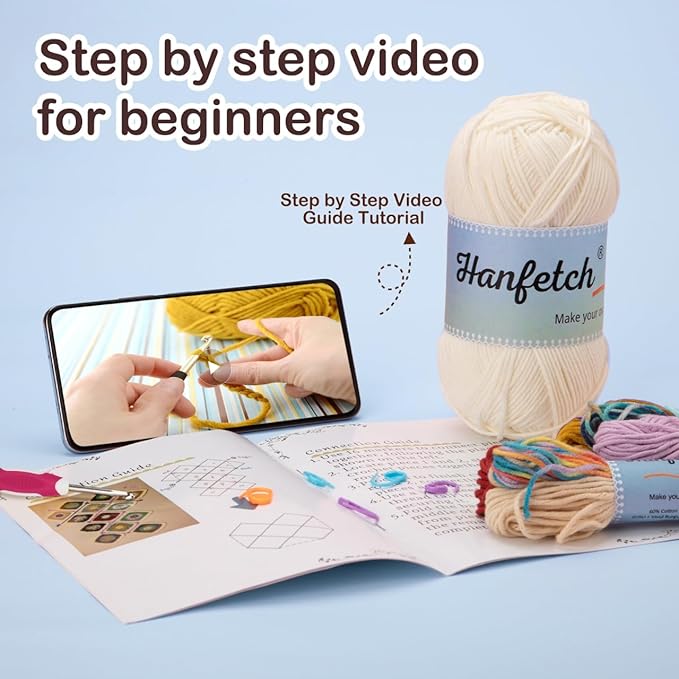 Hanfetch Crochet Kit for Advanced or Intermediate Beginner, Step by Step Video Tutorial and Detailed Guide Instruction DIY Craft Supplies for Adult and Kid with Complete Kit for Granny Square Tote Bag