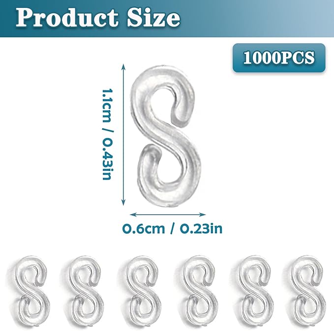 PUSNMI S Clips Rubber Band Clips 1000 Pieces Loom Rubber Band Clips Plastic Band Clips Connectors Refills Bracelet Kit Clip for Loom Bracelets DIY Making Refill Kit, Clear