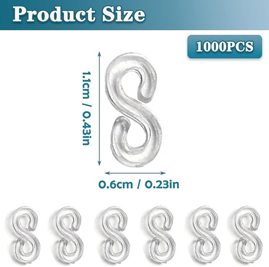PUSNMI S Clips Rubber Band Clips 1000 Pieces Loom Rubber Band Clips Plastic Band Clips Connectors Refills Bracelet Kit Clip for Loom Bracelets DIY Making Refill Kit, Clear