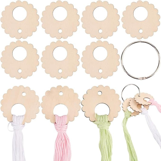 GORGECRAFT 100Pcs Flower Wood Thread Embroidery Floss Organizer Chips 2.2 Inch Cross Stitch Board Card Bobbins Holder with Floss Ring for Cross Cotton Thread Craft DIY Sewing Storage Accessories