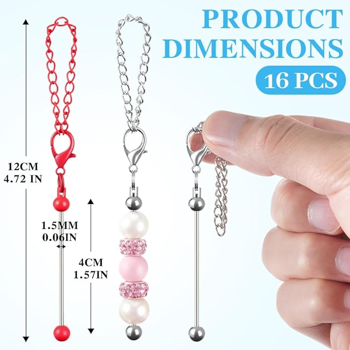 16PCS Beadable Keychain Bar Bulk, Metal Blank Beaded Keychain Bar for Beads DIY Crafts Charms Jewelry Making Supplies