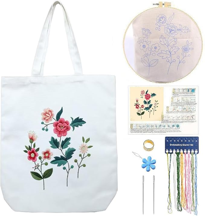 CREAWONDER Canvas Tote Bag Embroidery Kit with Pattern for Beginners, Arts and DIY Embroidery Crafts Kits for Adults, Include Instructions, Thimble, Embroidery Hoops, Color Threads and Tool