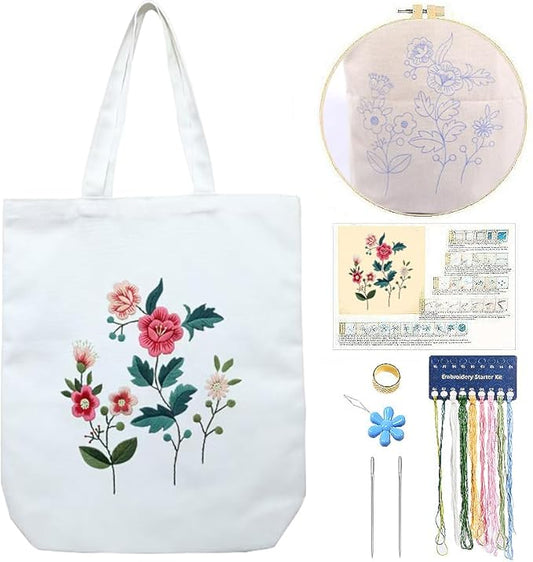 CREAWONDER Canvas Tote Bag Embroidery Kit with Pattern for Beginners, Arts and DIY Embroidery Crafts Kits for Adults, Include Instructions, Thimble, Embroidery Hoops, Color Threads and Tool