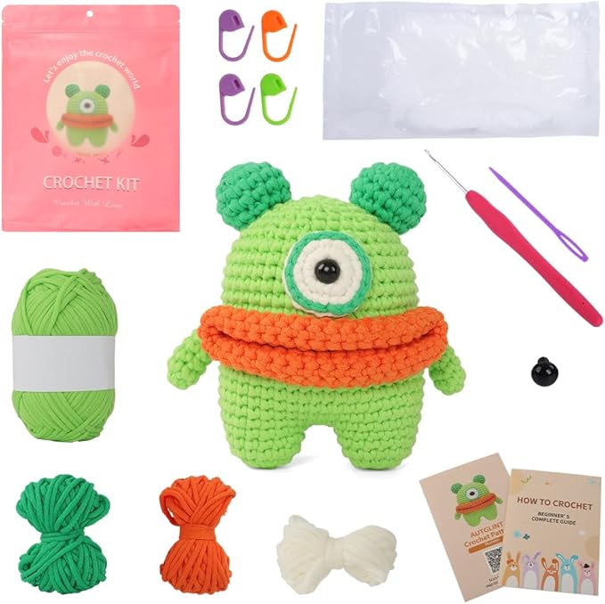 Autglint Monster Crochet Kit for Complete Beginners, Amigurumi Animal Starter Kit with Detailed Video Tutorials, Learn to Crochet Kit with Non-Split Pre-Started Yarn - Green Monster