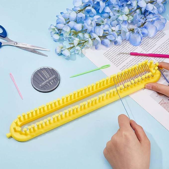 Hobbspring Knitting Loom Set Rectangular Knitting Board Loom Plastic Darning Needle Crochet Yellow Scarf Looms Long Hats Shawl Making Tool DIY Yarn Weaving Kits for Women Adults Beginners 13.9x2in